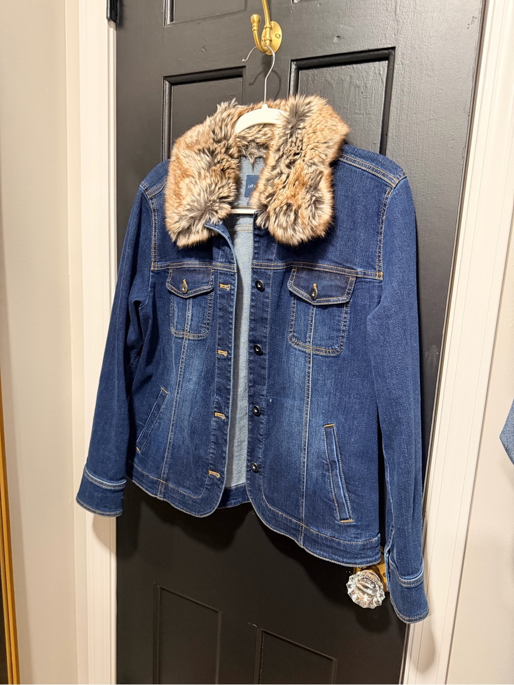 J. Jill Dark Blue Denim Jacket with Faux Fur Collar